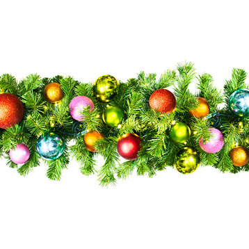 9' Pre-Lit Warm White LED Sequoia Garland Decorated With The Tropical Ornament