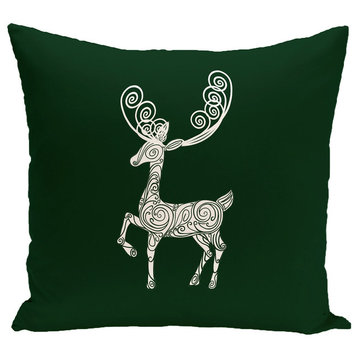 Deer Crossing, Decorative Holiday Animal Print Pillow, Dark Green, 16"x16"