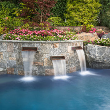 copper scuppers to contract the rustic waterfalls