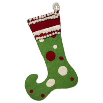 Hand Felted Wool Christmas Stocking, Green Jester with Red