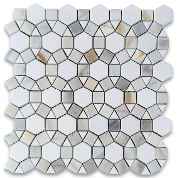 Calacatta Gold Marble Hexagon Sunflower Ring Waterjet Mosaic Tile, 1 sheet