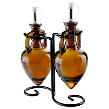 Amphora Double Oil/Vinegar Glass Cruet Set With Stand, Amber/Brown