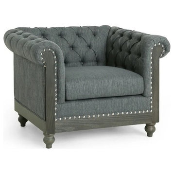 Chesterfield Accent Chair, Dark Brown Birch Frame, Button Tufted Charcoal Seat