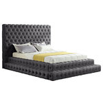 Meridian Furniture - Revel Velvet Upholstered Bed, Gray, Queen - Feel like royalty when you lie down in this Revel velvet bed. This queen-size bed features soft grey velvet that covers every square inch, leaving behind a silky trail of beauty. The true star of the show is the deep button tufted design and extra-tall headboard, both of which serve to make this a bed fit for a queen (or king). A staggered, layered design adds to the bed's dramatic look in your room.