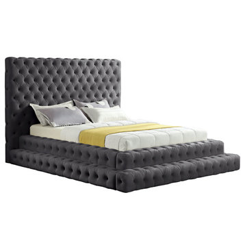 Revel Velvet Upholstered Bed, Gray, Queen