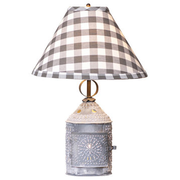 Irvins Country Tinware Paul Revere Lamp with Gray Check Shade