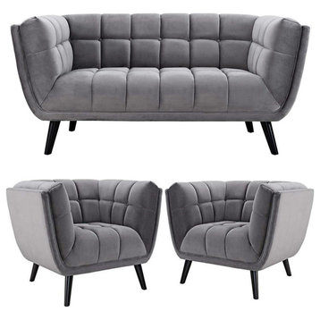 Bestow Upholstered Velvet Fabric Button-Tufted Loveseat, 2-Armchairs, Gray