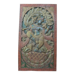 Mogul Interior - Indian Inspired Art Vintage Hand Carved Wood Dancing Krishna Wall Hanging - Wall Decor