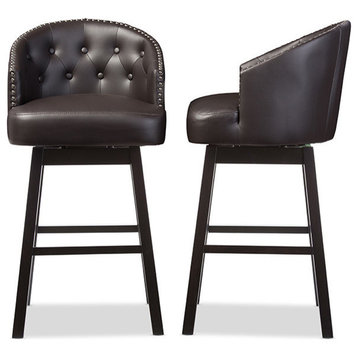 Avril Faux Leather Tufted Swivel Barstool With Nail Heads Trim, Set of 2, Brown
