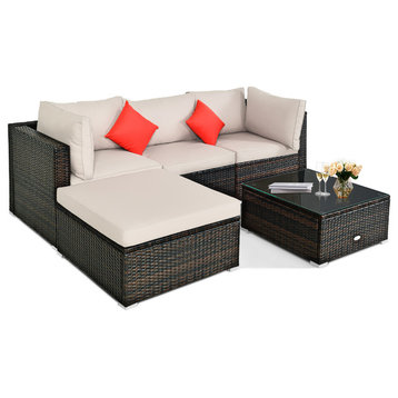 Costway 5PCS Outdoor Patio Rattan Furniture Set W/Beige Cushion