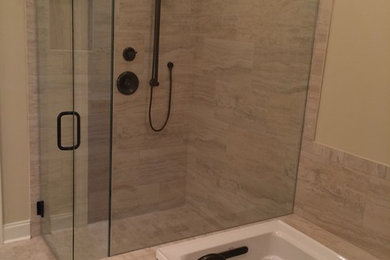 Example of a mid-sized trendy master beige tile and stone tile travertine floor bathroom design in Other with beige walls
