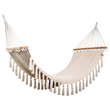 Boho Natural Cotton Hammock With Tassels, Wooden Bar