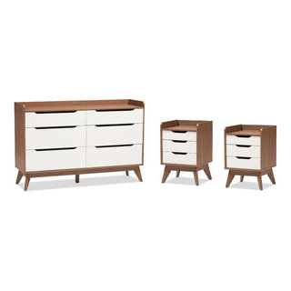 3 Piece Modern Dresser and Nightstand Set in White and Walnut - Midcentury  - Dressers - by Homesquare