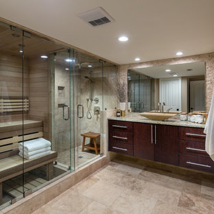 Design ideas for a medium sized contemporary walk-out basement in Atlanta with beige walls, travertine flooring, no fireplace and beige floors.