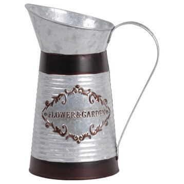 Round Metal Jug with Banded Design Body Galvanized Silver Finish