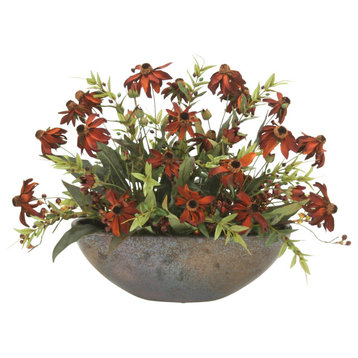 Rust Black-Eyed Susans, Berries and Foliage in Bronze Oval Bowl