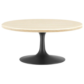 Lippa 36" Round Artificial Travertine Coffee Table, Black Travertine