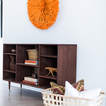 Orange Cameronnian JuJu African Ceremonial Feather Headdress in Entry with Baske