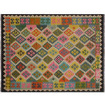 Bareens Designer Rugs - Retro Turkish Kilim Sandlin Hand-Woven Wool Rug - 5'9'' x 8'0'' - Elevate the elegance of your home with this stunning hand-woven tribal Kilim wool rug. Meticulously crafted on a loom by the Nomad Turkman people using hand-spun wool and 100% natural vegetable dyes, these rugs are recognized for their repetitive geometric patterns, incorporating naturalistic floral and traditional designs. The contemporary fashion palette results in bold, sharp patterns that are incredibly versatile, as the pattern is the same on both sides. These reversible rugs feature a lighter shade on one side and brighter colors on the other, providing versatility according to preference. These unique rugs are made by knotting short strands of different colors onto the warps and securing them by tightly pressing the wefts. The designs are created by interweaving the various colored wefts and warps. Kilims are known for their exceptional durability and versatility, making them truly unique rugs.  Product Details    Rug Size: 5'9'' x 8'0''  Material: 100% Wool  Style: Kilim, Flat Weave, Dhurrie, Turkish, Southwestern, Rustic, Tribal  Colors: Black, Natural  Weave Type: Hand-Woven, Handmade  Pile Height: Less than 0.25 inch