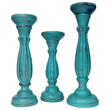 Handmade Wooden Candle Holder with Pillar Base Support, Turquoise Blue, Set of 3