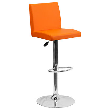 Contemporary Orange Vinyl Adjustable Barstool With Chrome Base