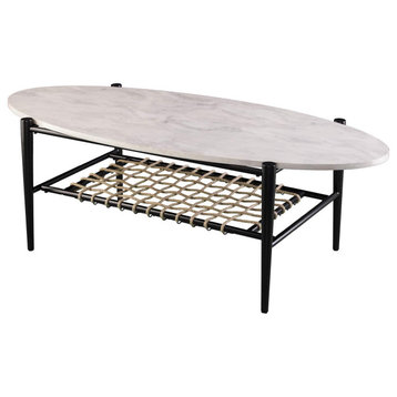 Transitional Coffee Table, Elongated Oval Top With Rope Lower Shelf, White/Black