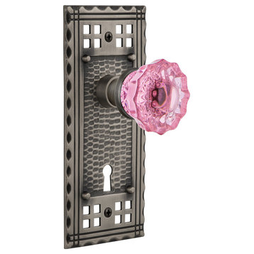 Craftsman Plate Privacy Crystal Pink Glass Knob, Antique Pewter