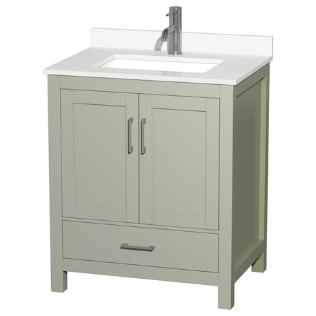 Sheffield 30" Light Green Single Vanity, White Quartz Top, 1-Hole