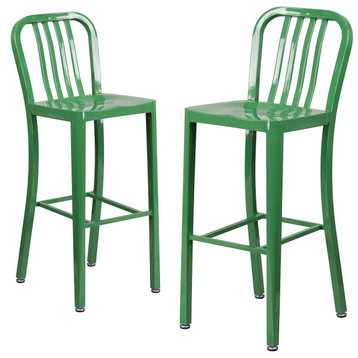 Set of 2 Industrial Bar Stool, Ergonomic Seat With Vertical Slatted Back, Green