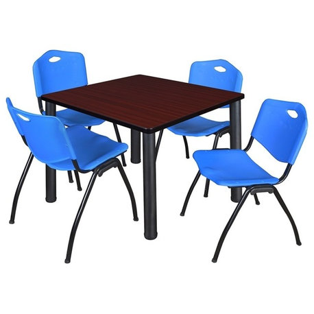Kee 42" Square Breakroom Table, Mahogany, Black and 4 'M' Stack Chairs, Blue