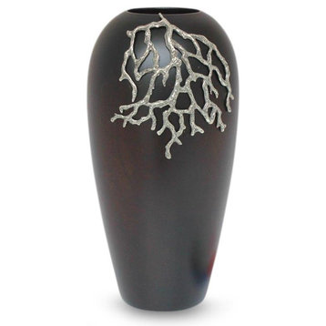 Novica Coral Reef Mango Wood and Pewter Vase