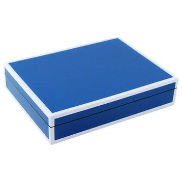 Lacquer Long Stationery Box Box, True Blue and White