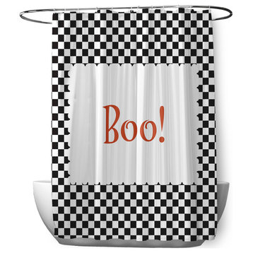 70"Wx73"L Halloween Boo Checks Shower Curtain, Black
