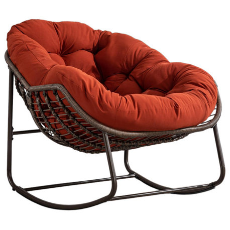 TATEUS Rattan Rocking Chair,Padded Cushion Rocker Recliner Chair, Orange