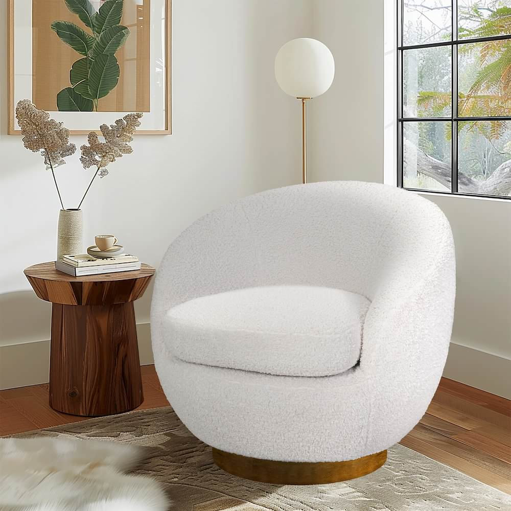 Jessel Shearling Sherpa Swivel Chair with Wood Base in Cream Color, 25 ...