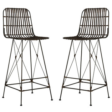 2 Pack Bar Stool, Metal Frame With Crossed Accents and Wicker Seat, Chocolate
