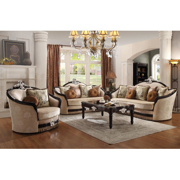 ACME Ernestine Sofa with 7 Pillows, Tan Fabric and Black