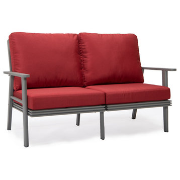 Leisuremod Walbrooke Patio Loveseat With Gray Aluminum Frame, Red