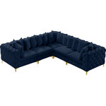 Meridian Furniture - Tremblay Modular Sectional, Navy, L-Shaped, 5-Piece: Armless (2), Corner (3) - Lean back and relax on this Tremblay sectional. Featuring soft navy velvet upholstery with deep button tufting, this sectional adds a bold touch to any living space. A complete set of gold and chrome legs are included, so you can change it up to suit your home decor. This sectional is modular, so you can create infinite configurations with it, which are easily attached using the latch underneath the frame. Its contemporary design is perfect for the modern home.