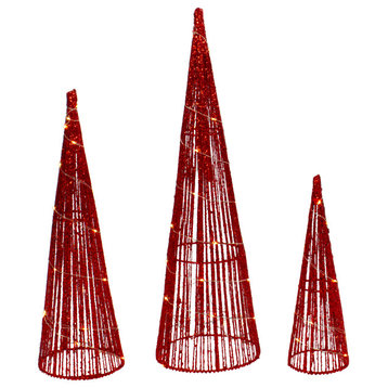 Set of 3 LED Lighted Red Glitter Cone Tree Outdoor Christmas Decorations 23.5"