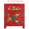 Chinese Red Leather Surface Flower Bird Motif Nightstand End Table