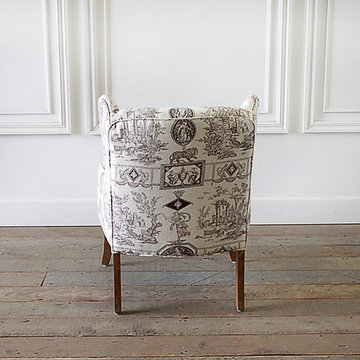 Vintage Petite Wing Chair Upholstered in Brown Toile Fabric