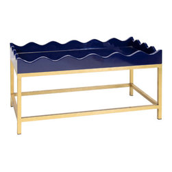 Worlds Away Jenna Coffee Table Navy Lacquered Tray with Gold Lea - Coffee Tables