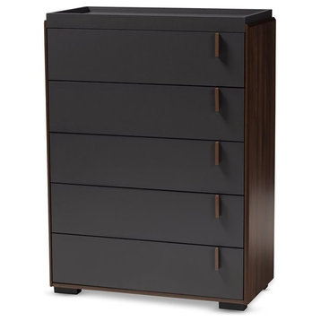 Rikke Two-Tone Gray and Walnut Wood 5-Drawer Chest