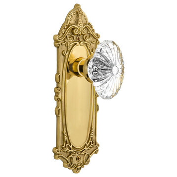 Victorian Plate Privacy Oval Fluted Crystal Glass Door Knob, Polished Brass
