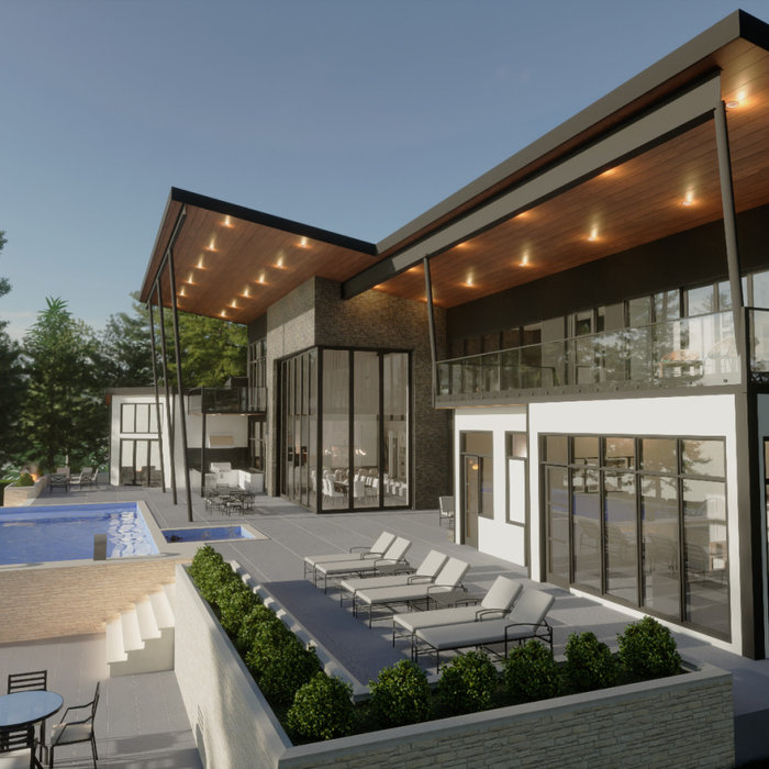 The rear view of Glass House features a stunning infinity pool and multiple outdoor living areas. The large glass windows and doors provide seamless access to the outdoor spaces, perfect for entertain