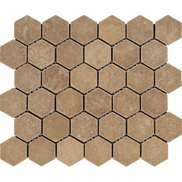 Noce Travertine Hexagon Mosaic, 2 X 2 Tumbled