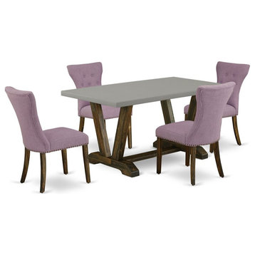 East West Furniture V-Style 5-piece Wood Dining Set in Brown/Cement/Dahlia