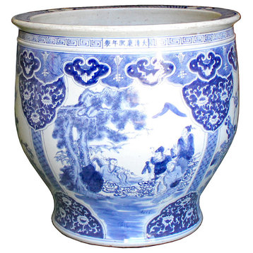 Chinese Blue White Oriental Flower People Scenery Porcelain Pot Hcs6026
