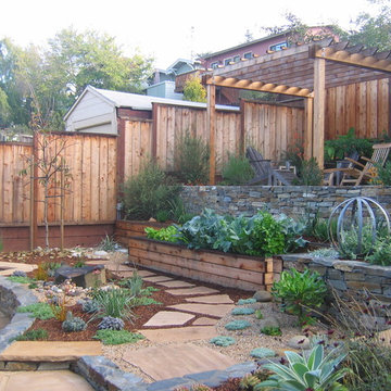 View toward pergola and vegetable garden